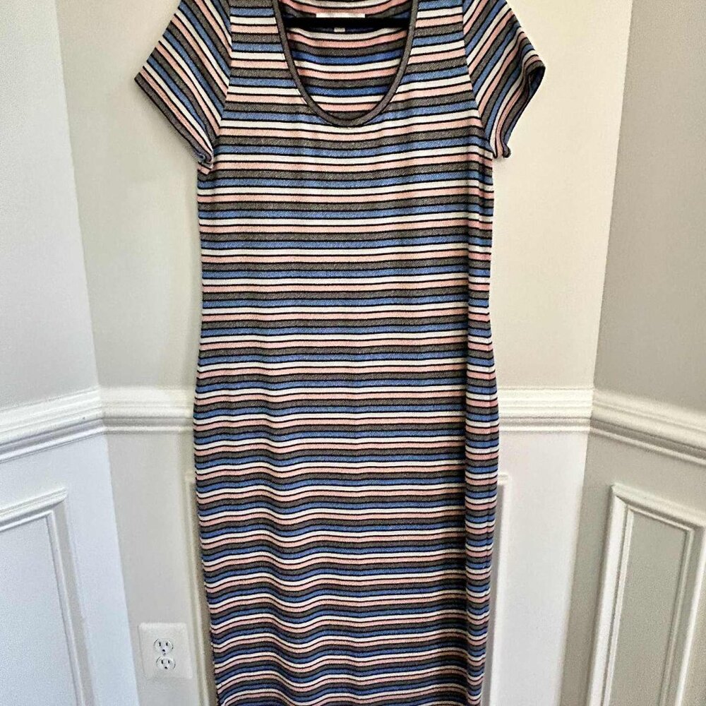 Loft Midi Dress Slit Stretchy Sparkle Blue Peach Gray Stripe Scoop Neck Large
